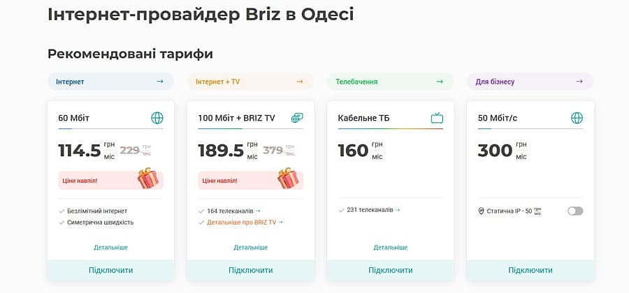 тарифи інтернет-провайдера BRIZ для IPTV