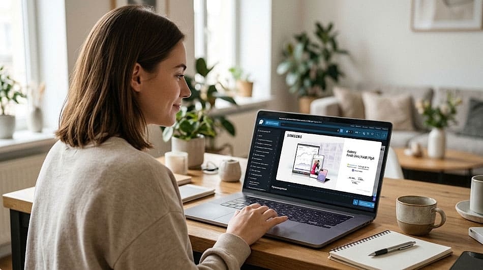 Девушка выбирает смартфон Samsung на ноутбуке в интернет-магазине kvshop.com.ua Девушка выбирает смартфон Samsung на ноутбуке в интернет-магазине kvshop.com.ua