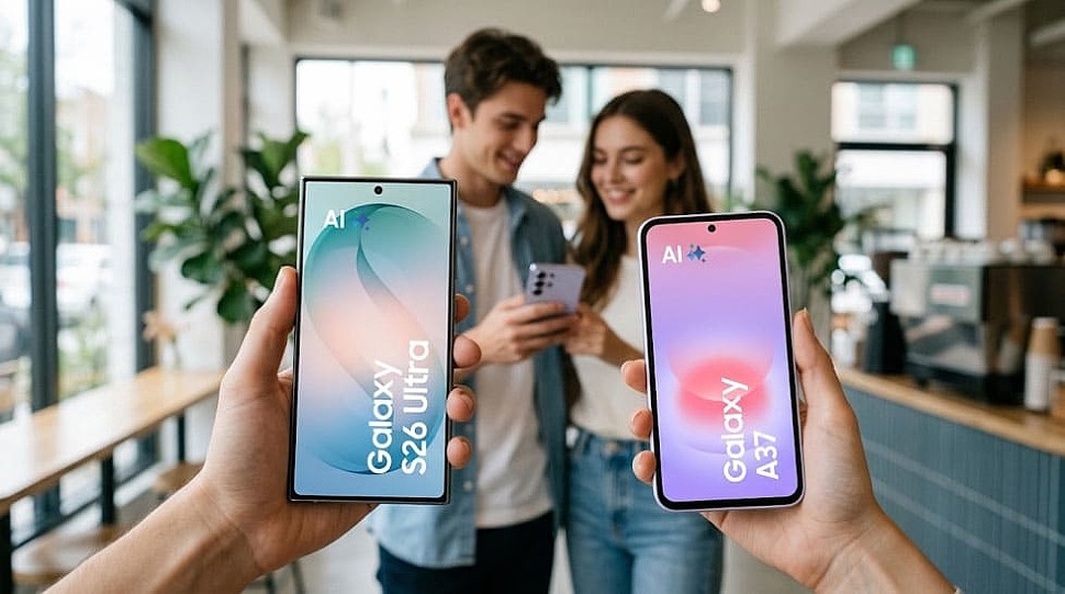 Парень с Galaxy S26 Ultra и девушка с Galaxy A37 сравнивают смартфоны Samsung Парень с Galaxy S26 Ultra и девушка с Galaxy A37 сравнивают смартфоны Samsung