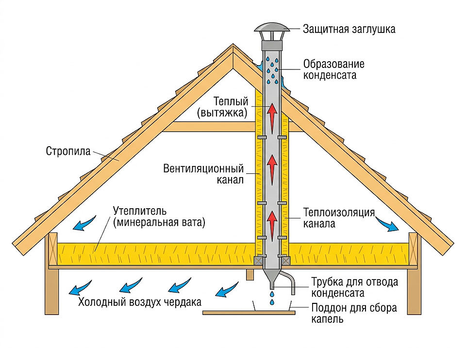 Узел прохода вентиляционного канала через чердак: утепление, оголовок, конденсатоотвод