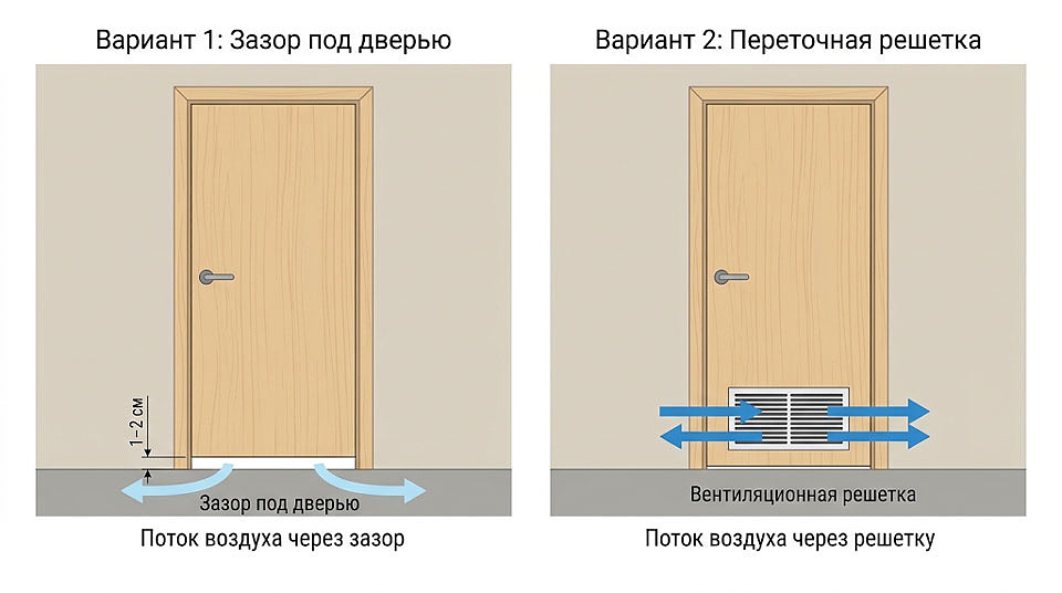 Варианты организации перетока: зазор под дверью и переточная решётка