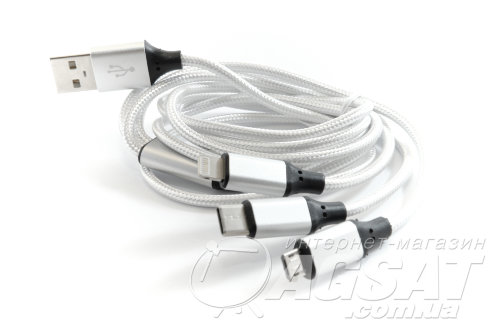 Шнур USB - type-C, micro USB, Iphone WHITE фото