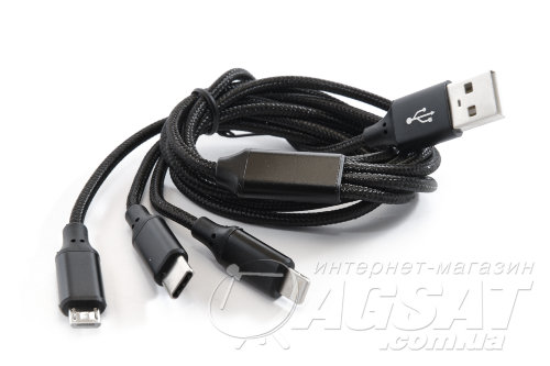 Шнур USB - type-C, micro USB, Iphone BLACK